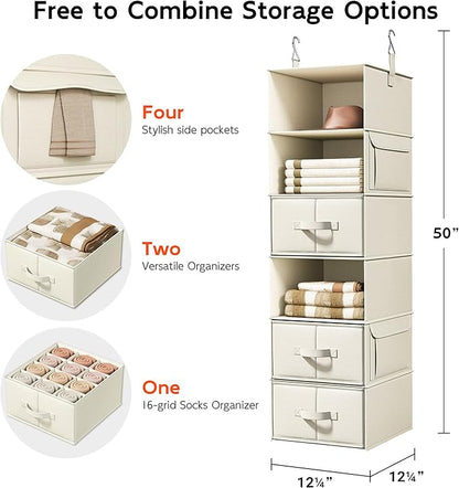 Vailando 6-Shelf Hanging Closet Organizer with 3 Drawers, 6-Shelf Inseparable Closet Organizers and Storage for Wardrobe Organization, Hanging Dresser for Nursury & Dorm Clothes Organizer, Beige