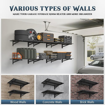 2 Pack Heavy Duty Garage Wall Shelving (2x3ft), 700lbs Capacity Garage Shelving Wall Mounted, 24"x72"Garage Storage Rack Floating Shelves, Black