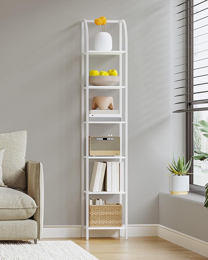Bookshelf Narrow Bookcase, Tall Storage Rack with Steel Frame, Display Standing Shelf Unit, Skinny Book Shelf for Study Living Room Home Office, Industrial Style, 6-Tier White BC56013W