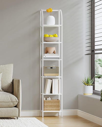 Bookshelf Narrow Bookcase, Tall Storage Rack with Steel Frame, Display Standing Shelf Unit, Skinny Book Shelf for Study Living Room Home Office, Industrial Style, 6-Tier White BC56013W