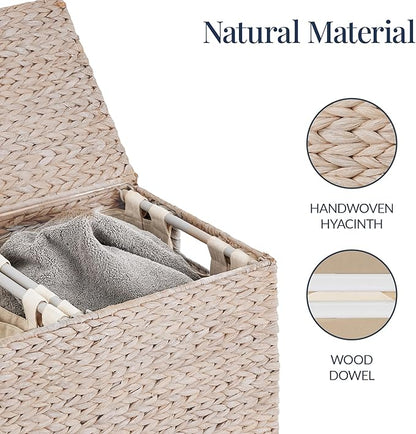 Best Choice Products Large Double Laundry Hamper with Lid, Natural Handwoven Water Hyacinth, 2 Sections w/ 2 Machine Washable Linen Liner Bags, Portable, Handles - Whitewash