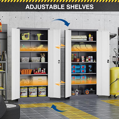 Metal Storage Cabinet-71” Tall Steel File Cabinets with Lockable Doors and Adjustable Shelves-Gray&White Steel Storage Cabinet for Home,Kitchen, School, Office, Garage