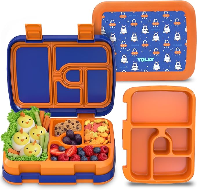 YOLAY Bento Box for Kids Lunch Box Leak-Proof, 5-Compartment Lunch Box Kids for Ages 3-10, Durable with Anti-Slip Base, Suitable for Schools, Outdoor and Travel (Mermaid) (Robo)