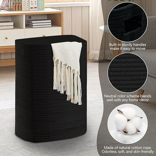Large Laundry Hamper 16"x13"x22" - Tall Woven Laundry Basket, Cotton Rope Dirty Clothes Hamper, Baby Kids Nursery Wicker Laundry Basket, Bedroom Aesthetic, Soft Laundry Bin, Black Hamper, 75L