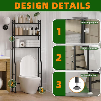 3-Tier Over The Toilet Storage, Space Saver Metal Bathroom Shelves, Freestanding Above Over Toilet Storage Shelf with 4 Hooks for Bathroom, Black