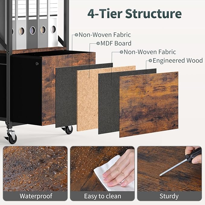 1 Drawer File Cabinet, Vertical Filing Cabinets for Home Office, Drawer with Adjustable Hanging Rail, A4/Letter Size Hanging File Folders, Open Shelf, Mobile Under Desk Storage, Rustic Brown