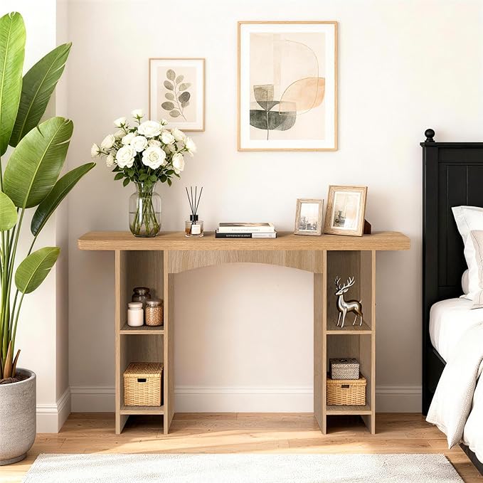 55 Inch Entryway Table Single-Shelf Cabinet, 1.6 Inch Thick Desktop Wooden Console Table with Socket Farmhouse Sofa Table for Entrance, Hallway, Living Room,Behind Couch(Oak Brown)