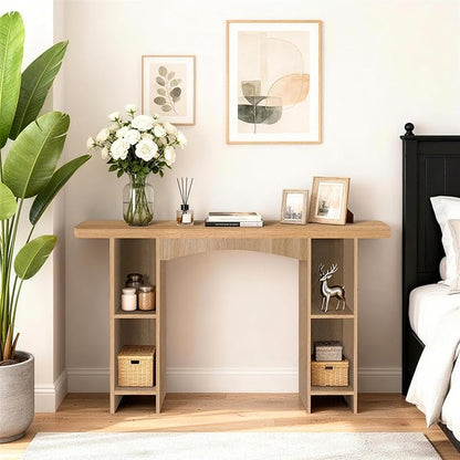 55 Inch Entryway Table Single-Shelf Cabinet, 1.6 Inch Thick Desktop Wooden Console Table with Socket Farmhouse Sofa Table for Entrance, Hallway, Living Room,Behind Couch(Oak Brown)