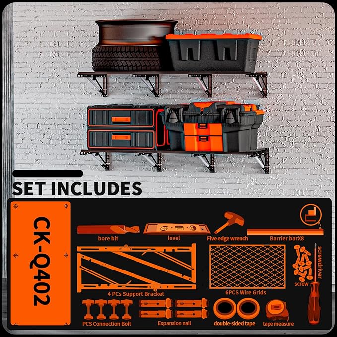 Heavy Duty Foldable Garage Storage Shelves Wall Mounted Metal Rack Unit Organizer with Removable Edge Barriers, Adjustable System for Corner Wall Use, 52.76 Inch Long 24.45 Inch Large