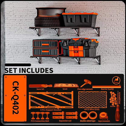 Heavy Duty Foldable Garage Storage Shelves Wall Mounted Metal Rack Unit Organizer with Removable Edge Barriers, Adjustable System for Corner Wall Use, 52.76 Inch Long 24.45 Inch Large
