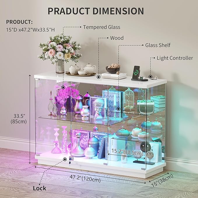 HNEBC 47.2" W Display Cabinet - with Lockable Glass Door,5-Tier Glass Display Case with 12 Lights Modes for Collectibles,Lighted Cuiro Cabinet with Human Sensor,China Cabinet,Living Room,White