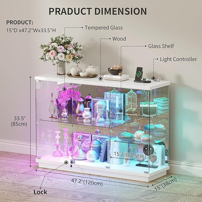 HNEBC 47.2" W Display Cabinet - with Lockable Glass Door,5-Tier Glass Display Case with 12 Lights Modes for Collectibles,Lighted Cuiro Cabinet with Human Sensor,China Cabinet,Living Room,White