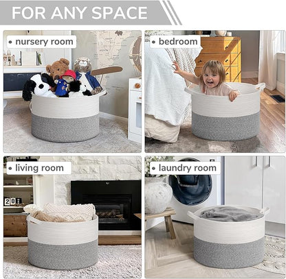 INDRESSME Large Blanket Basket, Laundry Toy Storage Baskets, Decorative Woven Basket for Living Room & Nursery, Baskets for Gifts Empty, Laundry, Dog Toys, Towels, Light Grey, 19.7" D x 12.6" H