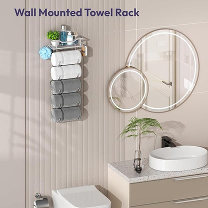 SWTYMIKI Over The Door Towel Rack - 6 Tier Towel Racks for Bathroom Wall Mounted, Towel Holder with Shelf, Hanging Rolled Towel Storage Organizer for Small Bathroom, Camper, RV, Sliver