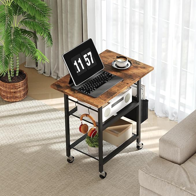 3-Tier Printer Stand, Rolling Printer Table on Wheels, Industrial Storage Stand with Side Pocket, Wooden Tabletop, 2 S-Shaped Hooks, for Home Office, Rustic Brown and Black PTHR2501
