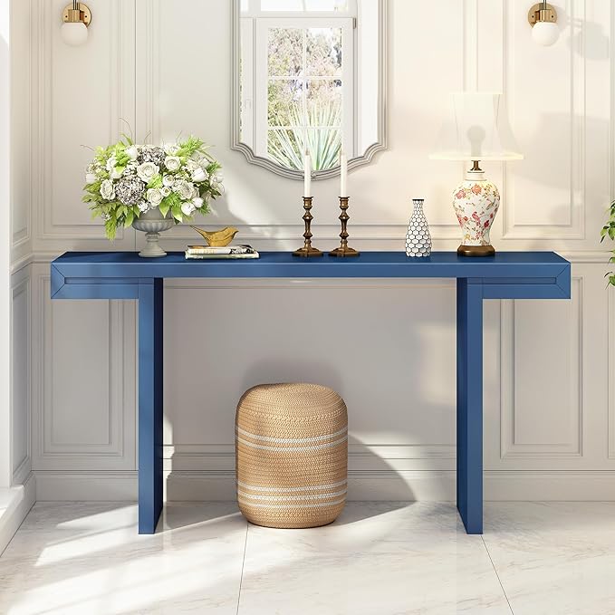 60" Large Console Table with Geometric Clean Lines Design,Stylish Entryway Table with Painted Finish and Adjustable Feet,Suitable for Living Room,Entryway,Navy Blue