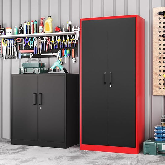Metal Storage Cabinet with Lock,71 Inch Garage Cabinet with 2 Doors and 5 Adjustable Shelves,Steel Storage Cabinets for Garage,Home Office,Pantry,School(Red & Black)