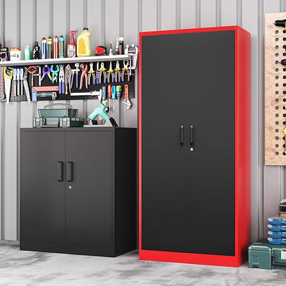 Metal Garage Storage Cabinet with Lock,72 Inch Tall Cabinet with 2 Doors and 5 Adjustable Shelves,Steel Storage Cabinets for Garage,Home Office,Pantry,School(Red & Black)