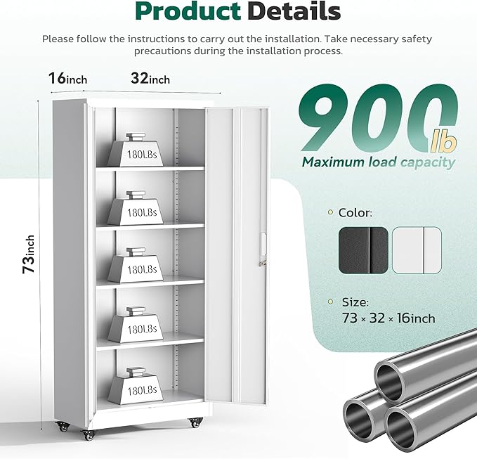 Greenvelly 73" Storage Cabinet with Wheels,Metal Rolling Garage Cabinet with Locking Doors and 4 Adjustable Shelves for Home,Kitchen,Office,Warehouse(32" W x 16" D, White)