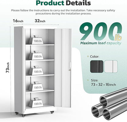 Greenvelly 73" Storage Cabinet with Wheels,Metal Rolling Garage Cabinet with Locking Doors and 4 Adjustable Shelves for Home,Kitchen,Office,Warehouse(32" W x 16" D, White)