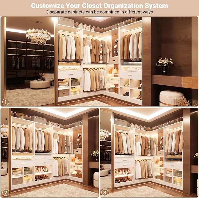 Unikito 86" Corner Closet System, Modular Closets Organizer with 4 Hanging Rods and 2 Drawers, Freestanding Adjustable Wood Clothes Garment Rack with Storage Shelves, White