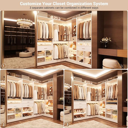 Unikito 86" Corner Closet System, Modular Closets Organizer with 4 Hanging Rods and 2 Drawers, Freestanding Adjustable Wood Clothes Garment Rack with Storage Shelves, White