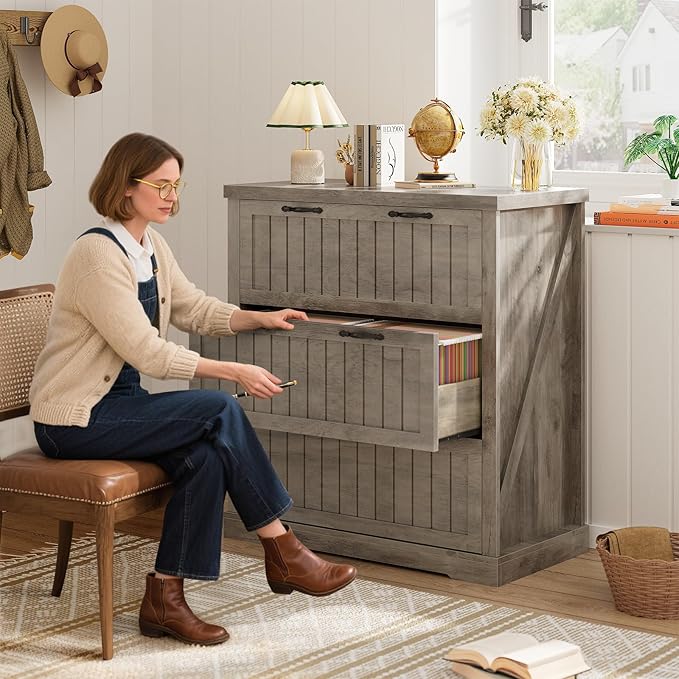 SEDETA 3 Drawer File Cabinet, Farmhouse Filing Cabinet for Home Office, Wood Office File Cabinets for Letter/Legal/A4 Size, Lateral File Cabinets with Printer Stand for Study Room, Living Room (Grey)