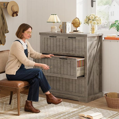SEDETA 3 Drawer File Cabinet, Farmhouse Filing Cabinet for Home Office, Wood Office File Cabinets for Letter/Legal/A4 Size, Lateral File Cabinets with Printer Stand for Study Room, Living Room (Grey)