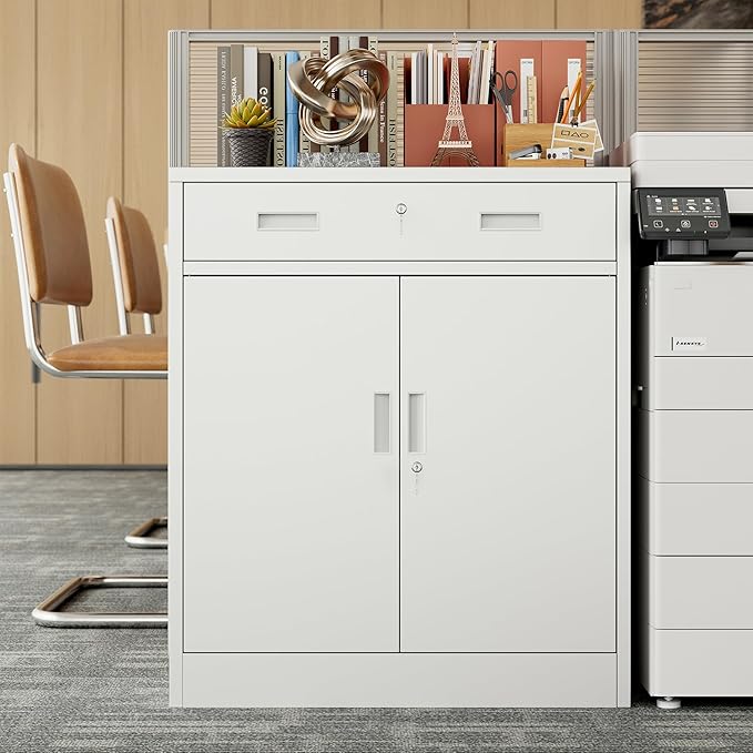 BESFUR Metal Garage Storage Cabinet with One Lockable Drawer 2 Locking Doors and an Adjustable Shelf, 36" White Metal Short Storage Cabinet for Home Office, Garage,School,Utility Room