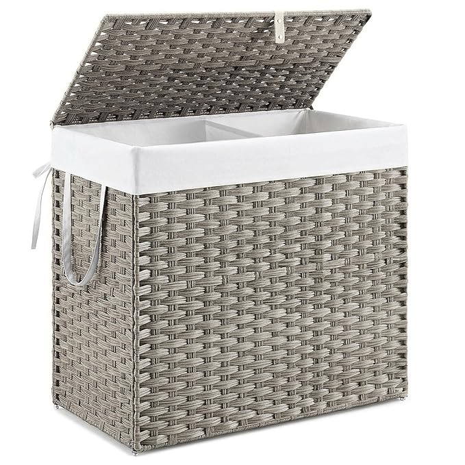 DUMOS Wicker Laundry Basket with Lid, 29.6 Gallon (112L) Woven Laundry Hamper with Handles, Foldable Rattan Clothes Hamper with Removable Liner & Sturdy Steel Frame, Dove Gray