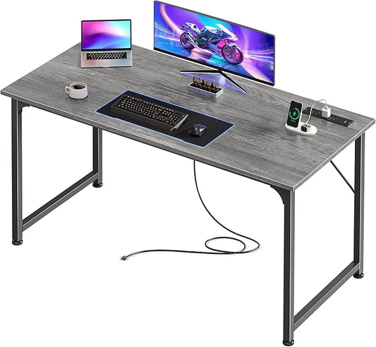 PRAISUN 47 X 20 Inch Office Computer Desk with Power Outlets and USB-C Port, Larger Gaming Desk, for Home Office, Study, Bedroom, Writing Work from Home Table, Metal Frame, Grey