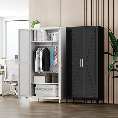 Aobabo 2 Door Metal Wardrobe Cabinet with Hanging Rod, Metal Wardrobe Closet with 2 Adjustable Shelves, Storage Lockers for Home,Office,Installation Required, White