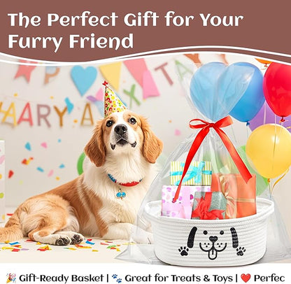 Small Woven Dog Gifts Basket for Storage Empty Dog Toy Bins Organizer with Ribbons and Bags Durable Cute Pet Gifts 12"X 8" X 5" Small Rope Basket for Gifting