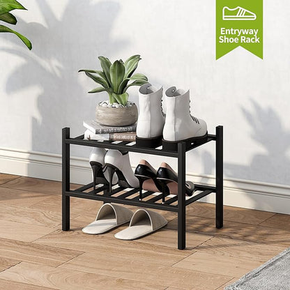 BMOSU 2-Tier Bamboo Small Shoe Rack Premium Stackable Shoe Shelf Storage Organizer for Hallway Closet Living Room Entryway Organizer (Black Bamboo)