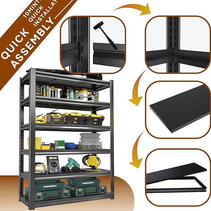 Heavy Duty Metal Garage Shelving Unit, 6-Tier Adjustable Large Storage Shelves, 3000LBS for Garage & Basement and Pantry Industrial Steel Rack, Ideal for Tool Organization & Storage, Black, 78" H