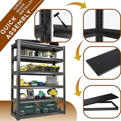 Metal Garage Shelving Unit, Heavy Duty 6-Tier Adjustable Storage shelves, Steel Shelving, 3000 lbs Capacity, Industrial Shelves for Heavy Tools and Equipment, Ideal for Garage, Basement, Black, 78"