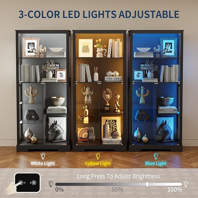 HNEBC 71'' Display Cabinet with 5-Tier and 3 Color Lights for Books Toys Liquor,Curio Cabinet with Human Body Bookcases for Bedroom, Living Room,Black