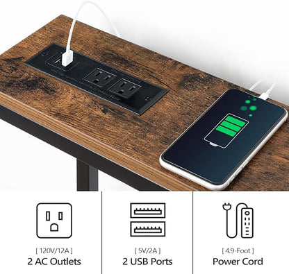 63'' Skinny Console Table with Charging Station, Narrow Long Sofa Couch Table, Easy Assembly, Entryway Table for Living Room, Foyer, Hallway, Rustic Brown CTHR165E01Z1