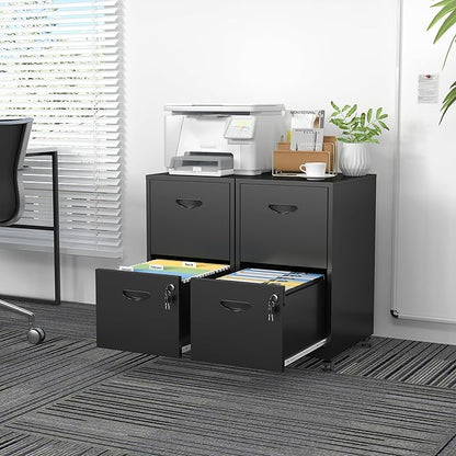 2 Drawer File Cabinet with Lock，Black Rolling File Cabinet for Home Office, Metal Small Mobile Filing Cabinets on Wheels for Hanging Letter