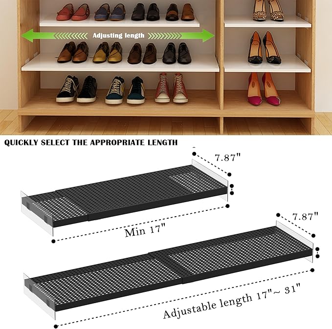 Adjustable Closet Shelves Organizers, Expandable for Cabinet Rack Storage Wardrobe Tension Shelving for Pantry Cupboard Kitchen (2 Perforated, W:7.87" x L: 17" to 31")