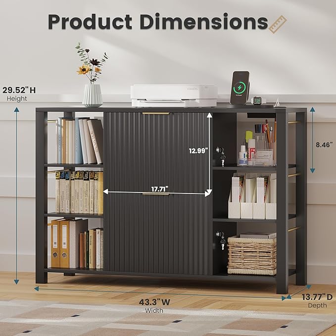 File Cabinet for Home Office, Fluted Filing Cabinet with Charging Station, 2 Drawers Fit Letter/Legal/A4 with Tabs, Printer Stand with Lock & 2 Power Outlets, 6 Shelves (1, Black)