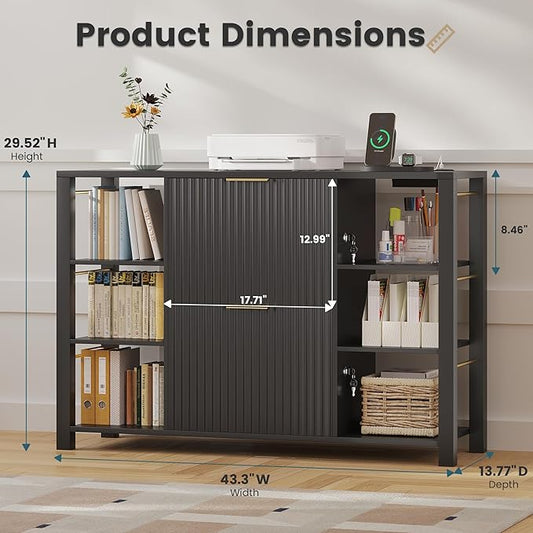 File Cabinet for Home Office, Fluted Filing Cabinet with Charging Station, 2 Drawers Fit Letter/Legal/A4 with Tabs, Printer Stand with Lock & 2 Power Outlets, 6 Shelves (2, Black)