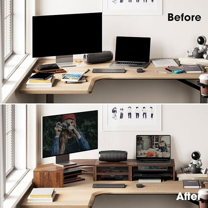 Fenge Dual Monitor Stand, Corner Monitor shelf with Drawer and Slide-Out Tray, 2 Tier Triangle Monitor Riser with Storage, Desk Shelf Organizer for Desk, Home Office, Computer, Laptop, Printer