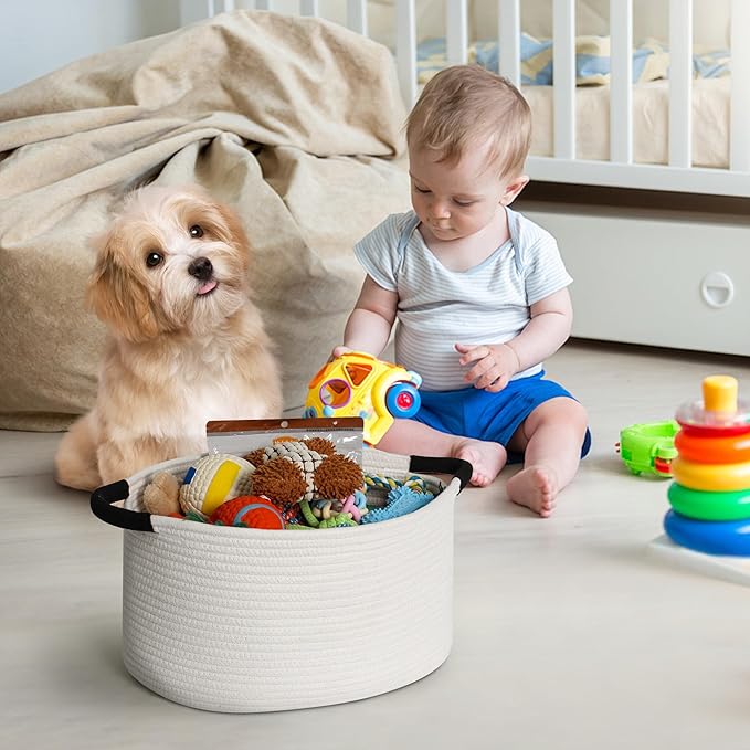 Woven Dog Toy Basket, 15.7"x11"x8" Cotton Rope Dog Toy Bin Box for Living Room, Decorative Cat Pet Supplies Puppy Bin with Handles, Soft Cat Toy Basket Organizer, Wicker Storage Holder, White