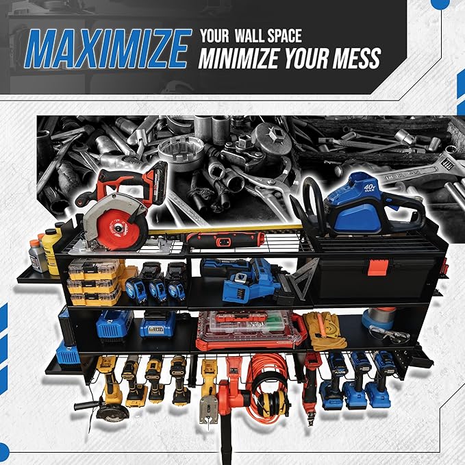 Power Tool Organizer Wall Mount, With Attachable Shelves - Large Garage Storage System, Heavy Duty 4-Tier Rack Holds 12 Drills – Screw Holder Accessories, Utility Shelf for Workshop Organization