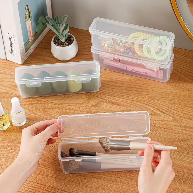 10 Pack Clear Plastic Pencil Case Boxes - Narrow Stackable Storage Organizers with Snap Lids for Pens, Markers, Makeup Brushes, Art Supplies, Beads, Jewelry, School Office Use, Rectangular Narrow