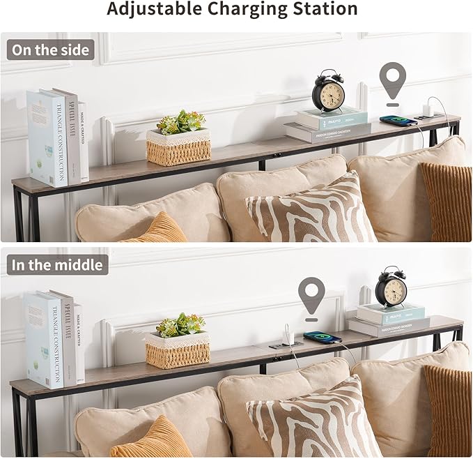 ELYKEN 5.9" Narrow Console Sofa Table with Power Outlets, 5.9" Dx70.9 Wx31.5 H Long Skinny Behind Couch Table with Charge Station and 6.5'Extension Cord, White Oak