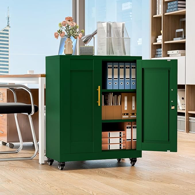 Metal Storage Cabinet with Wheels, 36" Tall Locking Storage Cabinet with 2 Adjustable Shelves, Locking Garage Cabinet, Steel Locker Organizer, for Office, Home, School, Green