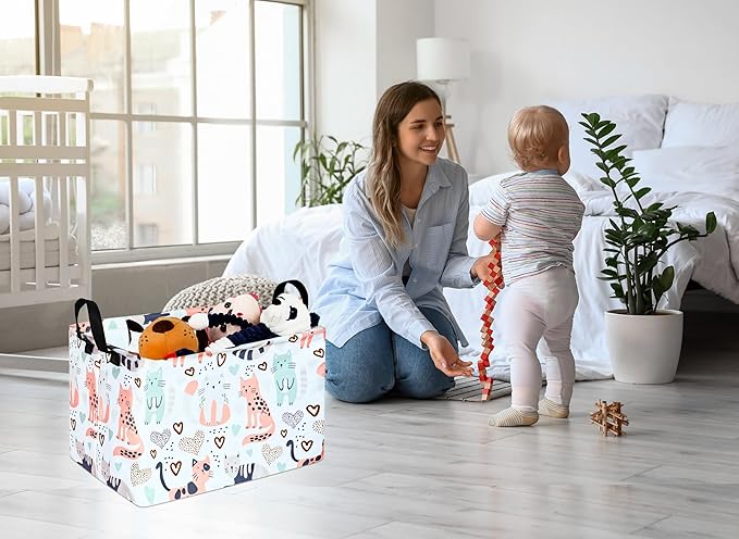 KUNRO Rectangle Cat Pattern Storage Basket Gift Shelf Basket Storage Bin, Nursery Basket Organizer Box for With Handles for Room Deco