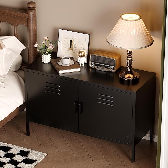 Metal Storage Cabinet with 2 Doors and Adjustable Shelves, Wide Metal Locker, Low Storage Cabinet, Accent Cabinet, TV Stand, Media Cabinet for Home, Office, Living Room, Kitchen, Music Studio, Black